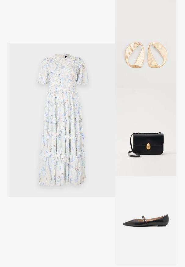 Maxi dress in light blue fabric with floral patterns, featuring ruffled tiers and short sleeves, and a round neckline.; Black leather ballet flats with a pointed toe and a side strap featuring a circular gold accent. Lightweight with a flat sole.; Black leather handbag with a structured rectangular shape. Features a golden oval clasp and a thin shoulder strap. Smooth texture.; Pair of irregular oval-shaped gold-toned metal earrings with a textured, slightly hammered surface on a white background.
