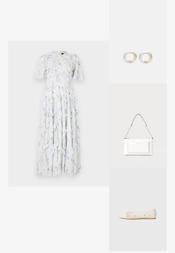 Maxi šaty z světle modré látky s květinovými vzory, s volánovými částmi a krátkými rukávy, a kulatým výstřihem.; Béžové ploché boty s špičatou špičkou z krémové kůže s průhledným svrškem posetým třpytivými kamínky. Měkká podrážka pro maximální pohodlí, minimalistický design.; Bílá kožená kabelka s texturovaným povrchem, zdobená zlatým řetízkem a černými akcenty. Obsahuje přední kapsu a uzavírání na zip.; Zlaté a stříbrné kroužkové náušnice s kombinovaným kovovým povrchem, charakterizované hladkým zakřiveným designem a bezproblémovým uzávěrem.