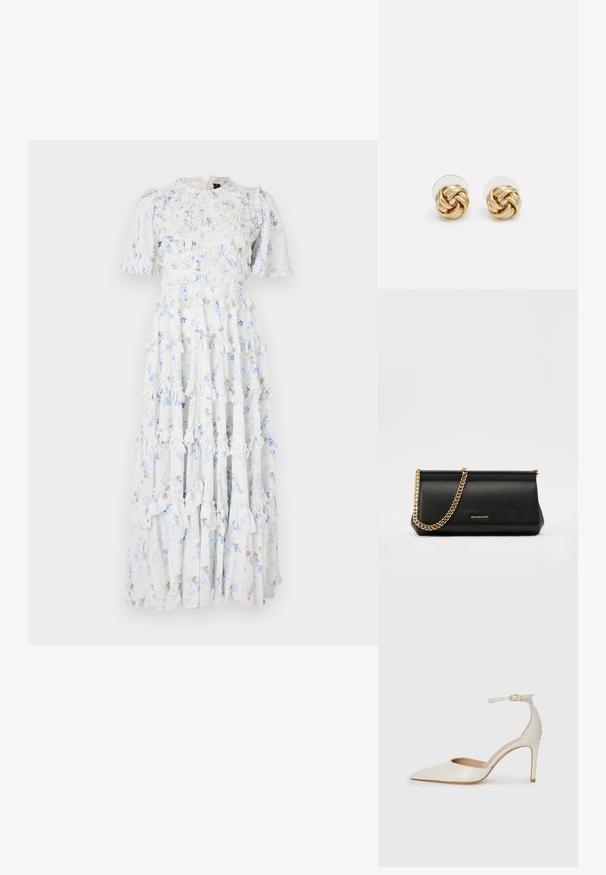 Šviesiai mėlynas maxi suknelė su gėlių raštais, turinti raukšlėtus sluoksnius, trumpas rankoves ir apvalią iškirptę.; Balti odiniai aukštakulniai batai su smailiu priekiniu galu, kulkšnies dirželiu ir siauru stiletu. Lygi tekstūra su subtiliu blizgiu paviršiumi.; Juodas odinis delninukas su auksine grandine, turintis lygų paviršių, stačiakampį išmatavimą ir įspaustą prekės ženklą priekyje.; Aukso spalvos mazgo auskarai su sukimo dizainu. Kiekvienas auskaras turi apvalų skaidrų pagrindą, užtikrinantį saugų dėvėjimą.