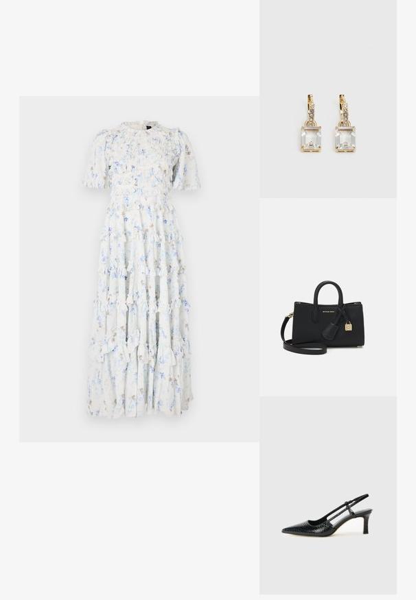 Maxi kjole i lyseblå stof med blomsterprint, med flæser, korte ærmer og rund halsudskæring.; Sorte patent slingback hæl med spids tå, prydet med tekstureret slangeskindsmønster, justerbar rem og en kort, tekstureret blokhæl.; Sort læderhandbag med et struktureret design, top-håndtag og en aftagelig skulderrem. Har guldhardware og et logo charm.; Guldtonede øreringe med et rektangulært, klart krystal, der hænger under en række af små, runde klare accenter. Elegant, moderne design.