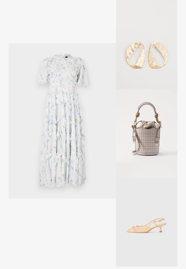 Világoskék anyagú maxi ruha virágmintákkal, fodros rétegekkel és rövid ujjakkal, kerek nyakkivágással.; Stuart Weitzman KITTY - Klasszikus sarkú cipők - beige/barely beige; Vanessa Bruno HOLLY MINI - Kézitáska - ivoire; Egy pár szabálytalan, ovális formájú, aranyszínű fém fülbevaló, enyhén kalapált felülettel, fehér háttéren.