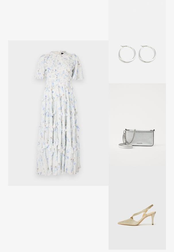Maxikleid aus leichtblauem Stoff mit floralen Mustern, ausgestattet mit Rüschenstufen und kurzen Ärmeln sowie einem runden Ausschnitt.; Glänzende goldene Slingback-Pumps mit einer spitzen Zehe, einem dünnen Knöchelriemen und einem schlanken Absatz. Die Oberfläche hat ein strukturiertes metallisches Finish.; Silberne Leder-Crossbody-Tasche mit strukturiertem Finish, Ketten- und Riemenakzenten sowie einem Reißverschluss. Auf der Vorderseite befindet sich ein Logo.; Silberne Creolen zeichnen sich durch ein glattes, rundes Design mit einem schlanken Profil und einem sicheren Verschluss aus. Minimalistischer Stil mit glänzender Oberfläche.