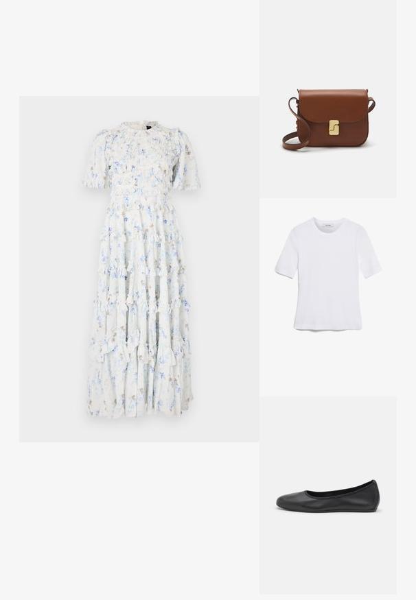 Gaišzils maksi kleita ar ziedu rakstiem, ar volāniem, īsām piedurknēm un apaļu izgriezumu.; Balta īsām piedurknēm T-krekls, izgatavots no ribota auduma. Apaļš izgriezums, regulāra piegriezuma un diskrēti šuvumu detaļas. Bez printiem vai grafikām.; Melna ādas baleta kurpe ar noapaļotu purngalu, gludu tekstūru, minimālu šuvju detalizāciju un elastīgu zoles dizainu.; Bordo ādas rokas soma ar atloku, zeltītām detaļām, plecu siksnu un gludu virsmu. Kompakta, taisnstūrveida forma.