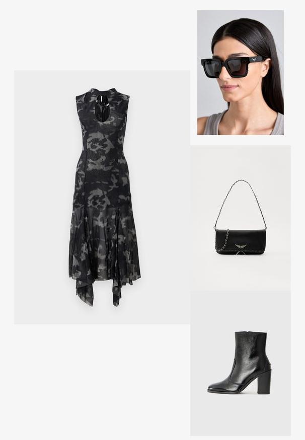 Melnā un pelēkā kamuflāžas midi kleita bez piedurknēm ar augstu kakla izgriezumu, atslēgas caurumu priekšpusē, pieguļošu vidukli un asimetrisku plandošu apakšmalu.; Melnas ādas potīšu zābaki ar gludu tekstūru, smailu purngalu un masīlu augstu papēdi. Iekļauts sānu atvērums un minimālistisks dizains.; Melnas lielizmēra saulesbrilles ar kvadrātveida rāmjiem, tumšām lēcām un smalku spārnu logotipa detaļu uz kājiņas. Sānos ir fakturēti akcenti.; Melnas ādas rokassomā ar sudraba ķēdes siksnu, kurai ir dekoratīvi spārnu akcenti un baltā šuvēšana apakšējā šuvē.