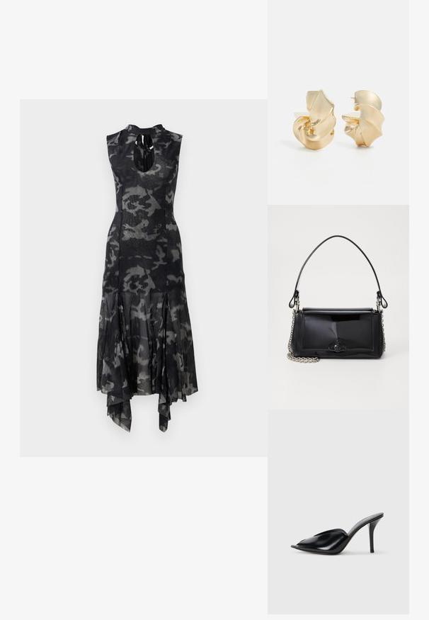 Musta ja harmaa kamouflage-midi-mekko, ilman hihoja, korkea kaula-aukko, avonainen etuosa, sovitettu vyötärö ja epäsymmetrinen levenevä helma.; Musta nahkainen korkeakorkoinen mules-malli, avoimella varpaalla, terävä muotoilu, sileä pinta ja kapea stilettokorko.; Musta lakattu nahkalaukku suorakaiteen muotoisena, ketjuhihnalla ja erottuvalla varustusesineellä keskellä. Siveltimellinen pinta.; Koralliileveys kultasävyiset metallikorvakorut, joissa on veistoksellinen, spiraalimainen muotoilu. Ominaisuuksiin kuuluu sileät pinnat ja valoa heijastavat kaaret.