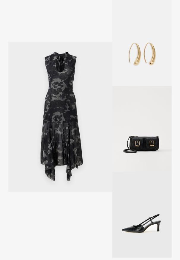 Abito midi senza maniche in camouflage nero e grigio con collo alto, apertura a chiave sul davanti, vita aderente e orlo asimmetrico svasato.; Slingback con tacco in vernice nera con punta affusolata, caratterizzato da una stampa a serpente testurizzata, cinturino regolabile e un tacco corto e testurizzato.; Borsa a tracolla nera in pelle con due tasche frontali, fibbie dorate, chiusura con zip e una tracolla sottile. Superficie texturizzata e forma rettangolare compatta.; Orecchini a cerchio in metallo color oro con forma curva ed allungata. Presentano una superficie liscia e lucida e una punta arrotondata per un tocco di dettaglio in più.