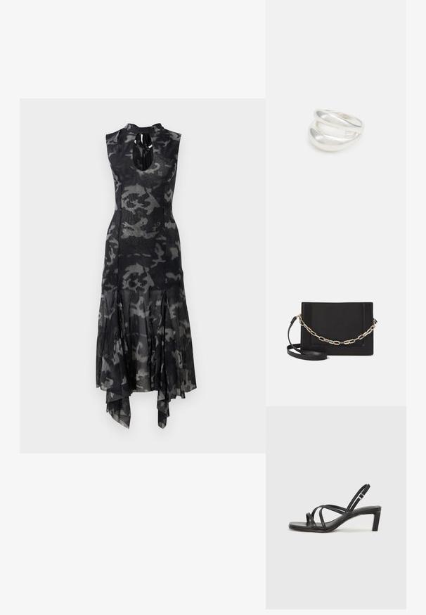 Ærmeløs midi-kjole i sort og grå camouflage med høj hals, nøglehulsklip foran, tætsiddende talje og asymmetrisk flydende kant.; Sort remsandale med firkantet tå og en lav blokeret hæl. Har flere tynde stropper og en justerbar ankelrem. Fremstillet af glat læder.; Sort læder crossbody taske med en glat tekstur, rektangulær form og en metallisk kæde detalje foran. Justerbar skulderrem inkluderet.; Sølvring med dobbeltbånd og en glat, poleret overflade. Den har et flydende, buet design med overlappende sektioner for et moderne udtryk.