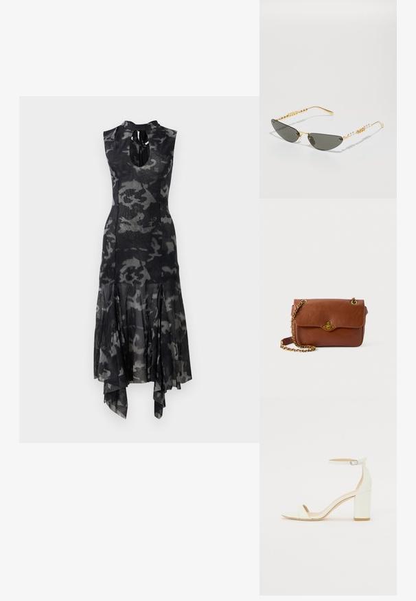 Čierno-sivý maskáčový midi šaty bez rukávov s vysokým výstrihom, predným otvorom v tvare kľúča, priliehajúcim pásom a asymetrickým rozšíreným lemom.; Biele kožené sandále na blokovom podpätku s remienkom okolo členku a minimalistickým dizajnom. Otvorená špička a hladké textúry po celom povrchu.; Slnečné okuliare so zlatým rámom a tmavošedými sklami. Pôvodný tvar mačacích očí. Rámiky sú zdobené striedajúcimi sa zlatými korálkami a perlami.; Hnedá kožená crossbody taška so skladacím uzáverom, zlatými kovovými detailmi a reťazovou rukoväťou. Hladký povrch, obdĺžnikový tvar, minimálne detaily.