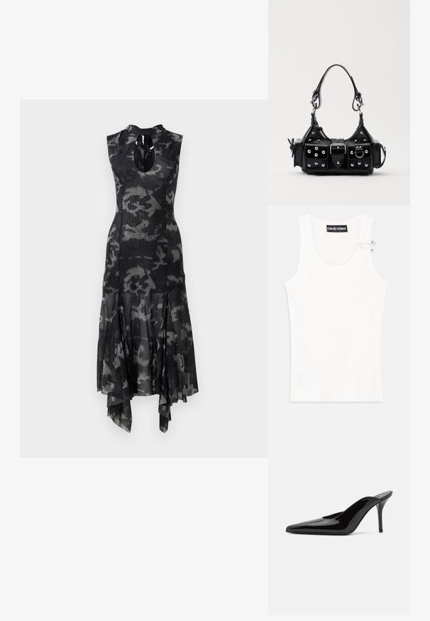 Rochie midi fără mâneci, de culoare neagră și gri cu model camouflage, cu guler înalt, decolteu tip cheie, talie ajustată și tiv asimetric evazat.; Top alb cu dungi, cu decolteu rotund și detaliu metalic pe umăr. Textură moale, design ajustat și stil fără mâneci.; Mule-uri cu toc înalt din piele lacuită neagră, cu vârful ascuțit și o siluetă elegantă, având un spate deschis și un toc subțire stilletto.; Geantă de piele neagră cu un design curbat, dotată cu studuri argintii, o cataramă și două buzunare laterale. Curea ajustabilă pentru opțiuni de transport.