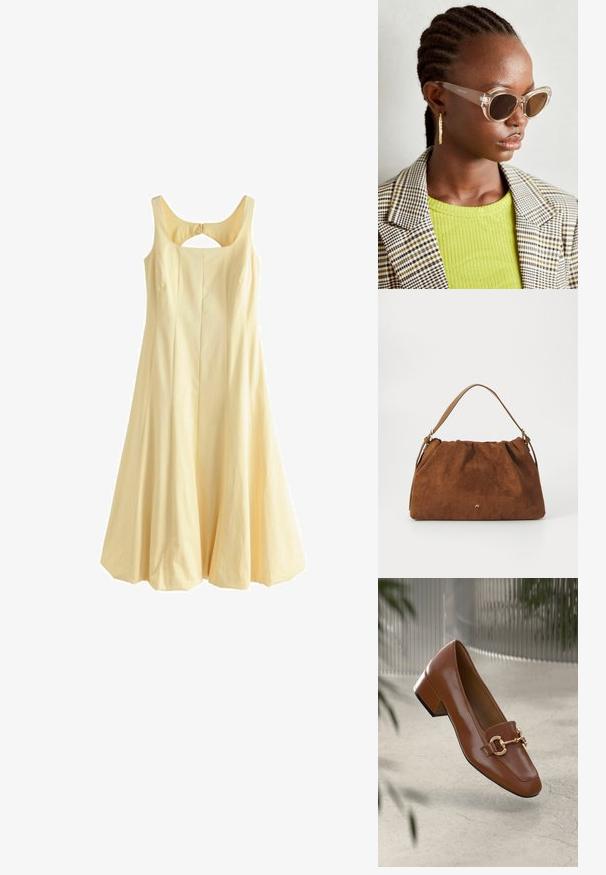 Kollane ilma varrukat kleit, ümmargune kaelus, laienev A-lõige, volangiline disain ja seljaosal lõige, valmistatud kudumiskangast.; Pruunist lakknahast loafer, millel on ruudukujuline varvas, metallist ahel kaunistus ja madal plokkkonts; sile tekstuur, minimalistlik disain.; Selged kassikujulised prillid pruuni läätsedega ja läbipaistvate raamidega. Mudel kannab roheline sooniktopi ja ruudulist bleiserit. Kuldne rõngas kõrvarõngad.; Pruun nubukist käekott, millel on kokku tõmmatud disain, ühesaanvärvilise naha rihmaga ja esiküljel peen kuldne logo detail.
