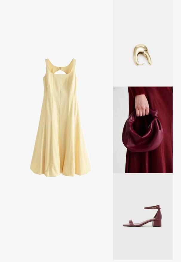 Abito giallo senza maniche con scollatura rotonda, forma a campana A-line, design plissettato e un'apertura sul retro, realizzato in tessuto intrecciato.; Sandalo in pelle bordeaux con punta quadrata, sottile cinturino alla caviglia, accessori in oro e tacco a blocco spesso. Texture liscia e design minimal.; Borsa in pelle bordeaux con un design morbido e arricciato e una forma arrotondata. Il manico è fissato, mostrando una texture liscia.; Orecchino in metallo color oro con un design elegante e curvo. Presenta una forma appuntita distintiva, superficie lucida e chiusura a cerniera.
