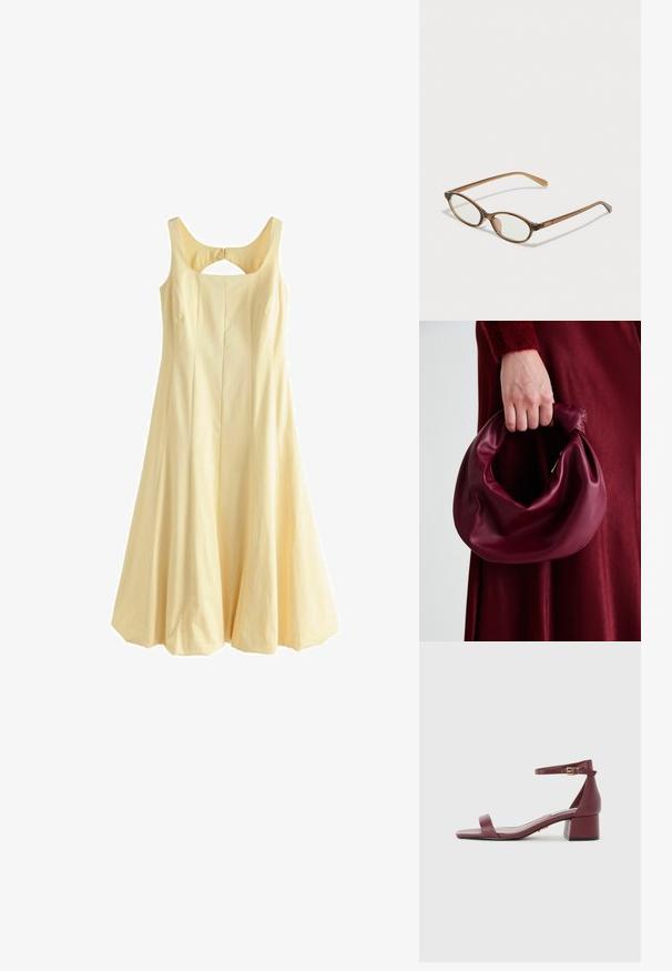 Kollane ilma varrukat kleit, ümmargune kaelus, laienev A-lõige, volangiline disain ja seljaosal lõige, valmistatud kudumiskangast.; Burgundi nahkainel sandaal ruudukujulise varbaga, peene pahkluu rihmaga, kuldse riistvaraga ja paksu plokk-kanna. Sile tekstuur ja minimalistlik disain.; Pruunid kilpkonnaläätsed ovaalsete objektiividega, õhukesed kaared ja läbipaistvad aktsendid. Templi peal on peene logoga. Sujuv, kergesti kandmiseks mõeldud disain.; Burgundia värvi nahk käekott, millel on pehme, kokku tõmmatav disain ja ümar kuju. Käepide on kindlalt kinnitatud, näidates siledaid pindu.