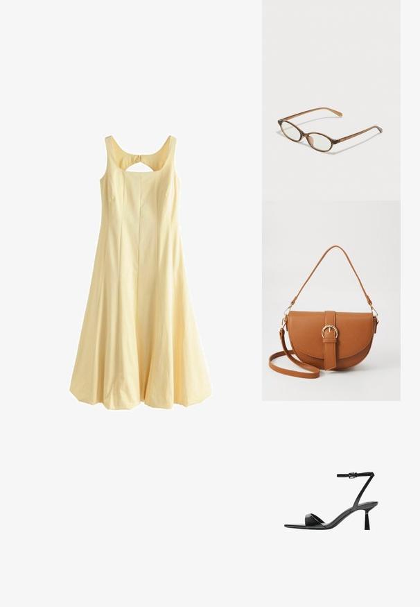 Geel mouwloos jurkje met een ronde halslijn, uitlopende A-lijn vorm, geplooid ontwerp en een uitsnede aan de achterkant, gemaakt van geweven stof.; Bershka Sandalen met hoge hak - black; Bruine schildpadbril met ovale lenzen, dunne armen en transparante accenten. Heeft een subtiele logo op de tempel. Strak, lichtgewicht ontwerp.; Bruine leren schoudertas met een gebogen vorm, gouden hardware en een gespaccent. Bevat een afneembare schouderriem.