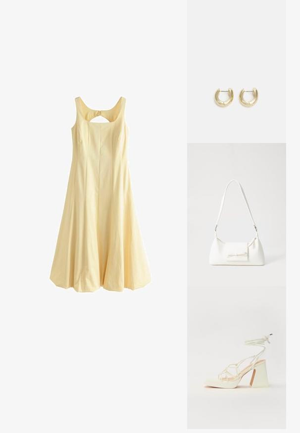 Kollane ilma varrukat kleit, ümmargune kaelus, laienev A-lõige, volangiline disain ja seljaosal lõige, valmistatud kudumiskangast.; Valged kõrge kontsaga sandaalid, millel on paks konts ja rihmadega disain koos pahkluu sidumisega. Sile tekstuur ja platvorm ees, et lisada kõrgust.; Valge sünteetilisest materjalist kott kolmnurkse kujuga, lame esiklapiga ja kaaredetailiga, reguleeritava rihmaga, sileda tekstuuriga ja minimalistliku disainiga.; Kuldkattega rõngaskõrvarõngad sujuva, poleeritud viimistlusega. Omavad poolringikujulist vormi ja turvalist postikinnitust.