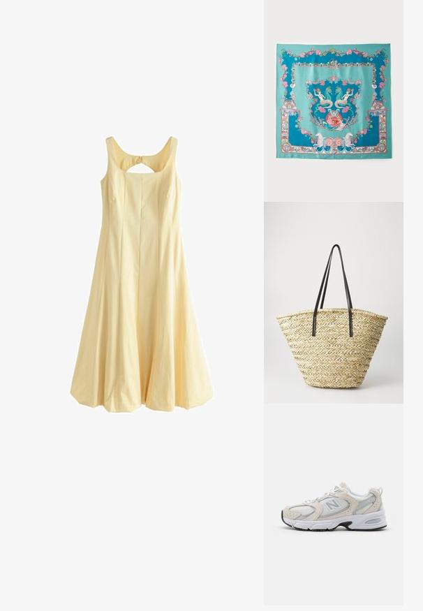 Žluté bezramínkové šaty s kulatým výstřihem, rozšířeným A-liniovým střihem, s plisovaným designem a výřezem na zádech, vyrobené z tkané látky.; Atletická obuv s lehkým šedým síťovaným svrškem s semišovými akcenty, bílými tkaničkami a černou gumovou podrážkou. Výrazným detailem je tlumení ABZORB.; Tyrkysový hedvábný šátek s podrobnými návrhy na námořní téma, včetně mořských pann, mušlí a korálů, lemovaný dekorativním okrajem.; Tkaná slámová taška s širokým, zúženým tvarem, se dvěma černými koženými uchy. Přírodní béžová barva s texturovaným povrchem.