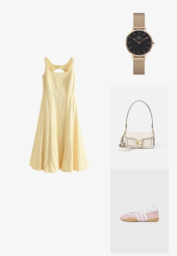 Rumena brezrokavna obleka z okroglim izrezom, razširjenim A-linijskim krojem, nabranim dizajnom in izrezom na hrbtu, izdelana iz tkanine iz prepletenih vlaken.; adidas Originals TAEKWONDO MEI BALLET - Športni copati - clear pink/ftwr white/gum; Kremasta usnjena torbica s strukturo, kontrastnimi črnimi robovi, z zlatim okovjem in snemljivim trakom, ki ima podpisani logotip.; Zlata mrežasta ura blagovne znamke Daniel Wellington z okroglo črno številčnico, zlatimi kazalci in logotipom ob 12. uri. Preprosta, elegantna zasnova.
