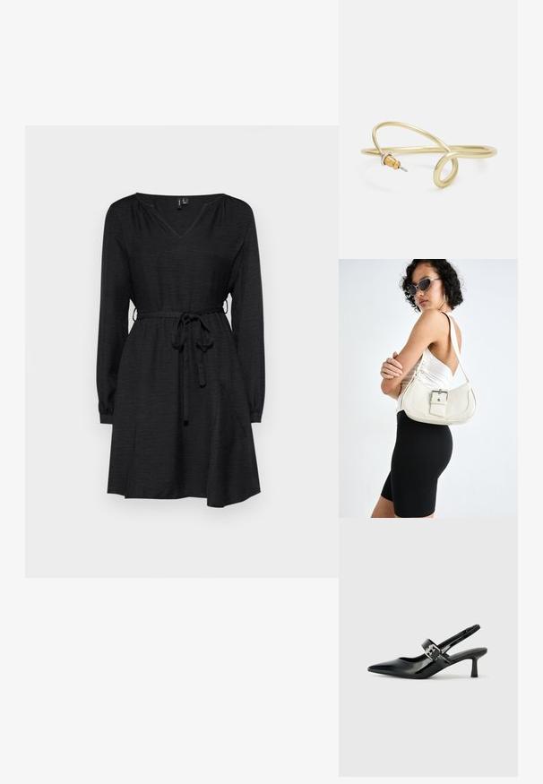 Črna obleka z dolgimi rokavi, V-izrezom, zategnjenim pasom z vrvico in svobodnim krilom. Narejena iz teksturiranega blaga.; Črne patent usnjene slingback pete s koničastim nosom in majhnim blok peto, ki vključujejo srebrno zaponko na traku.; Bela usnjena torbica s ukrivljeno obliko, nastavljivim trakom in majhnim detajlom s sponko. Model nosi oprijet črno obleko.; Zlato obarvan kovinski zapestnica s tekočim, ukrivljenim dizajnom. Ima majhen, izstopajoč srebrn poudarek na enem koncu.