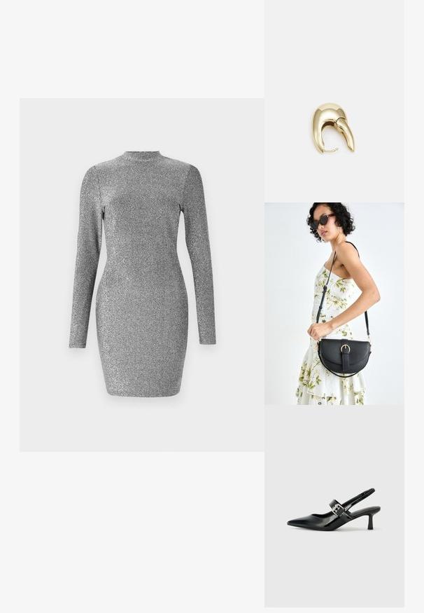 Hõbedane sädeleva kleit pikade varrukatega, kõrge kaelusega ja keha lähedase disainiga. Sile tekstuur ja läikiv viimistlus. Ilma mustri või kaunistusteta.; Mustad patenteeritud nahast sildiga kontsad, millel on terav nina ja väike plokk-konts, mille rihmal on hõbedane pandla aksessuaar.; Mustmust mustraha kõverate joontega, eemaldatava rihmaga ja kuldsete detailidega. Kotil on klapp, millel on pandladetail.; Kuldtooni metallist kõrvarõngas, millel on elegantne ja kaarjas disain. Omab silmapaistvat teravat kuju, poleeritud pinda ja hingesulgemist.