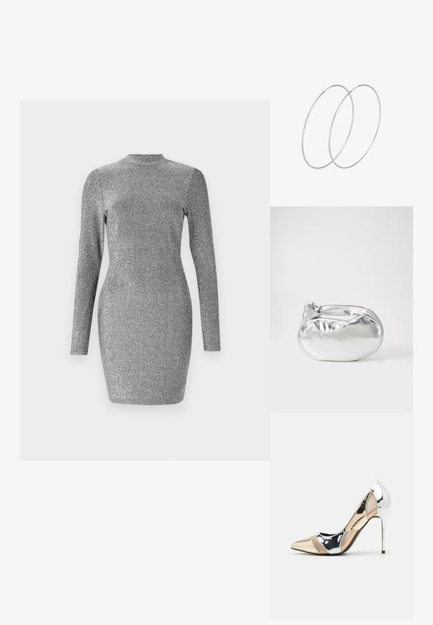 Strieborné lesklé šaty s dlhými rukávmi, vysokým golierom a priliehavým strihom. Hladká textura a lesklý povrch. Bez vzoru a ozdôb.; Lodičky s špičatou špičkou v striebornom, zlatom a telovom farebnom prevedení. Lesklý povrch s výrezovým dizajnom, s ihlovým opätkom.; Strieborná metalická taška s mäkkým, zaobleným tvarom a uzáverom s uzlíkom. Vyrobená z hladkej syntetickej kože.; Strieborné kruhové náušnice s minimalistickým dizajnom. Cirkulárny tvar, hladký povrch a tenký profil. Ľahké s lesklým povrchom.