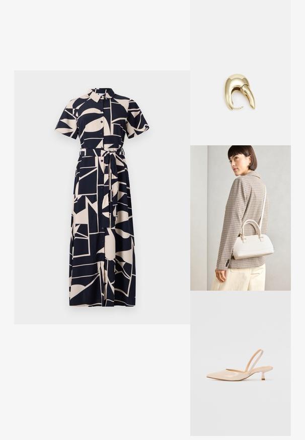 Button-up skjortekjole i marineblå og krem med abstrakt geometrisk mønster, korte ermer, belted midje og hel lengde.; Beige patenterte lærremmer med spiss tå og slank, firkantet hæl. Glatt tekstur og minimalistisk design uten dekorasjoner.; Hvit strukturert håndveske med korte håndtak og skulderreim, med detaljer i gullfinish og teksturert materiale, vist mot en grå bakgrunn.; Gullfarget metalløredobber med et elegant, buet design. Har en karakteristisk spiss form, polert overflate og hengsel-lukking.
