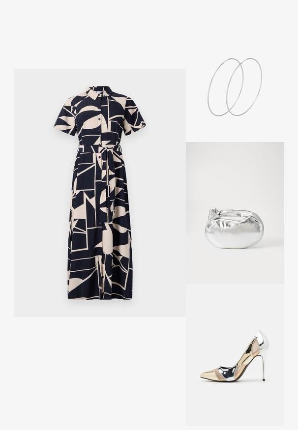 Sukienka koszulowa zapinana na guziki w granatowo-kremowym kolorze z abstrakcyjnym geometrycznym wzorem, krótkie rękawy, paskiem w talii i pełnej długości.; Czółenka na wysokim obcasie z wąskim noskiem w kolorze srebrnym, złotym i nude. Lśniące wykończenie z wycięciami, z obcasem w stylu stiletto.; Srebrna metaliczna torba worek o miękkim, zaokrąglonym kształcie i zawiązywanym z góry zapięciem. Wykonana z gładkiego materiału imitującego skórę.; Srebrne kolczyki w formie obręczy o minimalistycznym designie. Okrągły kształt, gładka faktura i cienki profil. Lekkie, z polerowanym wykończeniem.