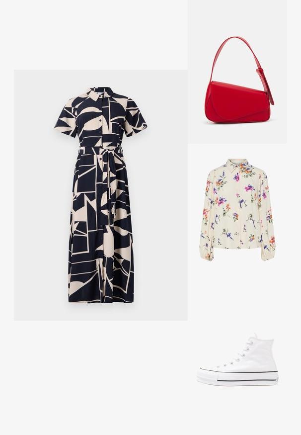 Rochie camasa cu nasturi, de culoare bleumarin si crem, cu un model geometric abstract, maneci scurte, talie accentuata prin bretele si design pe toata lungimea.; Bluză florală cu mâneci lungi și puff, bază de crem deschis, cu modele florale în nuanțe de violet, portocaliu și verde, și design cu guler clasic.; Adidași albi tip pantofi sport cu glezna din pânză, cu talpă din cauciuc negru, capac de vârf din cauciuc frontal și șase ochiuri pentru șireturi, având un design curat și minimalist.; Geantă de mână din piele roșie, cu un design unghiular și geometric. Dispune de o singură curea ajustabilă și un sistem de închidere cu clapetă, cu detalii cusute.