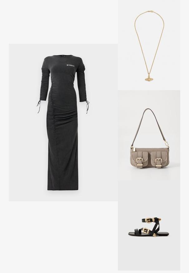 Hosszú, fekete, testhez simuló ruha, oldalsó redőzéssel és ujjal, húzózsinórral a csuklóknál, valamint egy kis fehér "MISBHV" logóval a mellkason.; Fekete bőr szandál arany csattal, több hevederrel és lapos talpú dizájnnal, nyitott lábujjú viselethez.; Beige textúrájú kézitáska állítható pánttal, két elülső zsebbel, amelyek csattal záródnak, és arany színű kiegészítőkkel. A tetején cipzáros záródás.; Arany nyaklánc, finom lánccal és gazdagon díszített medállal, amely bonyolult részletekkel és texturált felülettel rendelkezik, kiemelve az egyedi formatervezést.