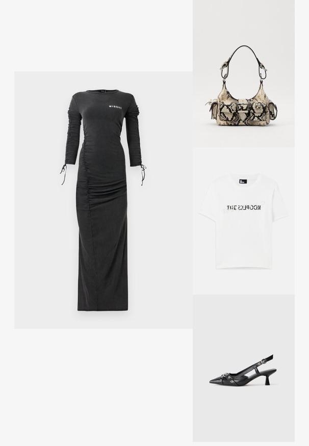 Long black fitted dress with ruched sides and sleeves, drawstring ties at wrists, and small white "MISBHV" logo on upper chest.; White cotton t-shirt with short sleeves and a round neckline, featuring a black graphic text design that reads "THE KOOPLES."; Black leather slingback shoe with a pointed toe, decorative straps featuring metal eyelets, and a low block heel. Textured surface.; Python-print handbag in beige and black, featuring a structured shape, buckle detail, and dual shoulder straps. Textured surface.