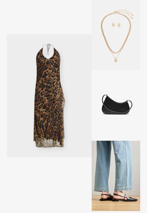 Leopard print halter dress in brown and black sheer fabric. Features a knotted neckline and draped design, with an asymmetrical hem.; Black leather slingback shoes with a pointed toe, flat heel, and ankle strap; worn with light blue wide-leg jeans.; Black leather shoulder bag with a curved design, featuring a textured strap and gold-tone hardware at the top closure. Smooth finish.; Gold jewelry set featuring a layered necklace with a teardrop pendant and matching stud earrings, all in a polished finish.