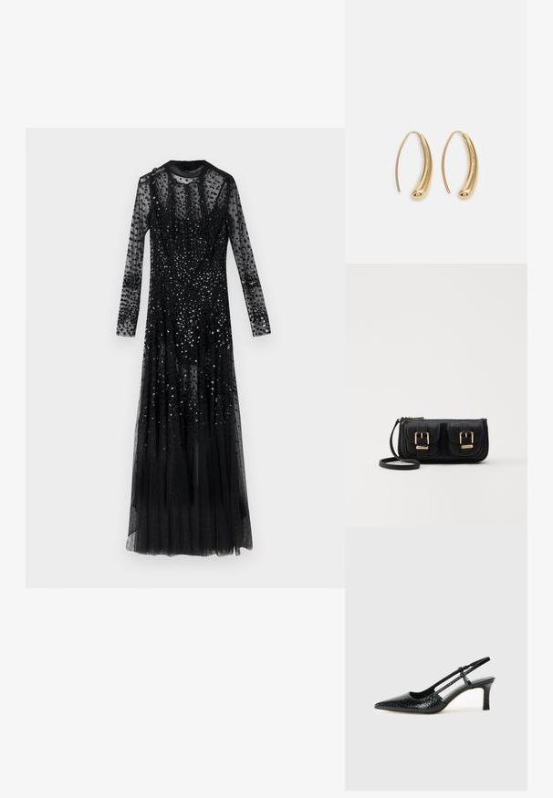 Black long-sleeve dress made of sheer fabric, embellished with sequins, featuring a fitted bodice and a flowing skirt. No visible fastenings.; Black patent slingback heel with a pointed toe, featuring textured snake print, adjustable strap, and a short, textured block heel.; Black leather crossbody bag with two front pockets, gold buckles, zipper closure, and a slim strap. Textured surface and compact rectangular shape.; Gold-tone metal hoop earrings with a curved, elongated shape. Features a smooth, shiny surface and a rounded tip for added detail.