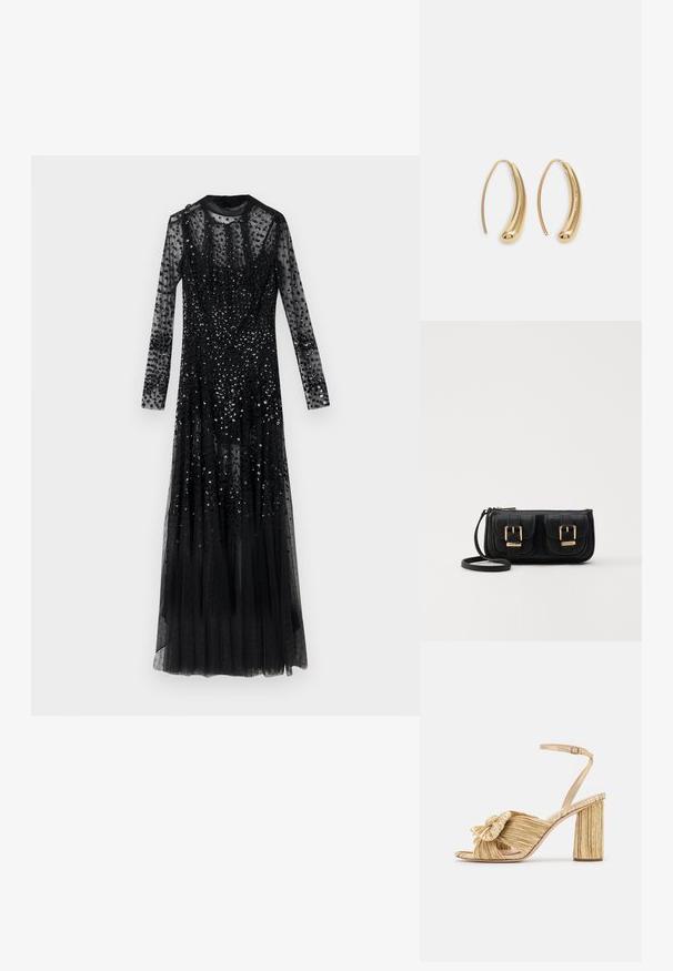 Black long-sleeve dress made of sheer fabric, embellished with sequins, featuring a fitted bodice and a flowing skirt. No visible fastenings.; Gold heeled sandals with a knotted front, pleated texture, and an ankle strap. The block heel has a ribbed design, enhancing grip.; Black leather crossbody bag with two front pockets, gold buckles, zipper closure, and a slim strap. Textured surface and compact rectangular shape.; Gold-tone metal hoop earrings with a curved, elongated shape. Features a smooth, shiny surface and a rounded tip for added detail.