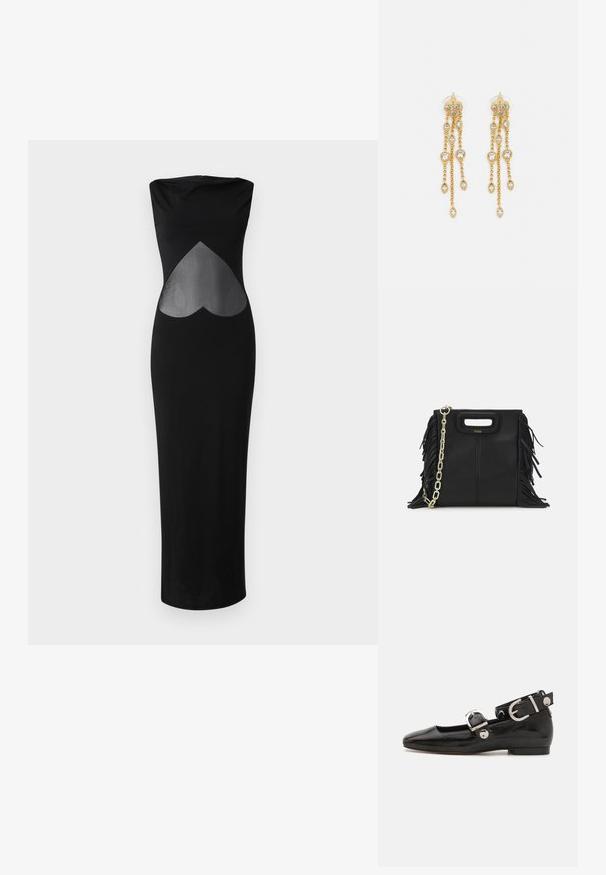 Undress Code Robe de soirée - black; Ballerine en cuir verni noir avec un bout carré, sangle de cheville avec des détails en métal argenté et semelle plate. Texture lisse avec un design minimaliste.; Sac à main en cuir noir avec des détails en franges, chaîne dorée pour l'épaule et une poignée découpée. Présente le logo sur le devant.; Boucles d'oreilles en ton or avec plusieurs chaînes en cascade, présentant des accents en strass ovales transparents et des dessus à clous décoratifs.
