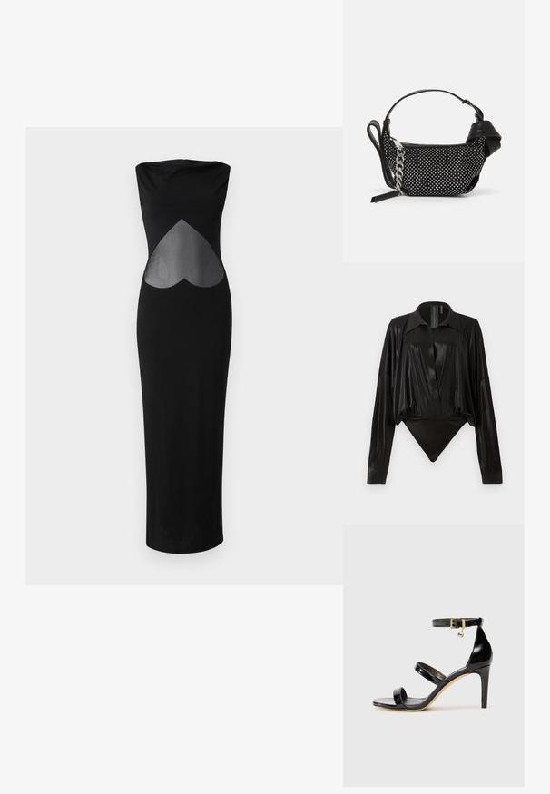 Undress Code Cocktailkjole / festkjole - black; Sort bodysuit med lange ærmer, V-hals og en tætsiddende silhuet. Fremstillet af skinnende, glat stof med en struktureret krave og manchetter.; Sorte patenterede lædersandaler med tre stropper, ankelspænde og 10 cm stiletthæl. Har detaljer i guld og et logo charms.; Sort håndtaske med naglede dekorationer, en kædestrop og et glat læderhåndtag, med en rund form og en lynlåslomme.