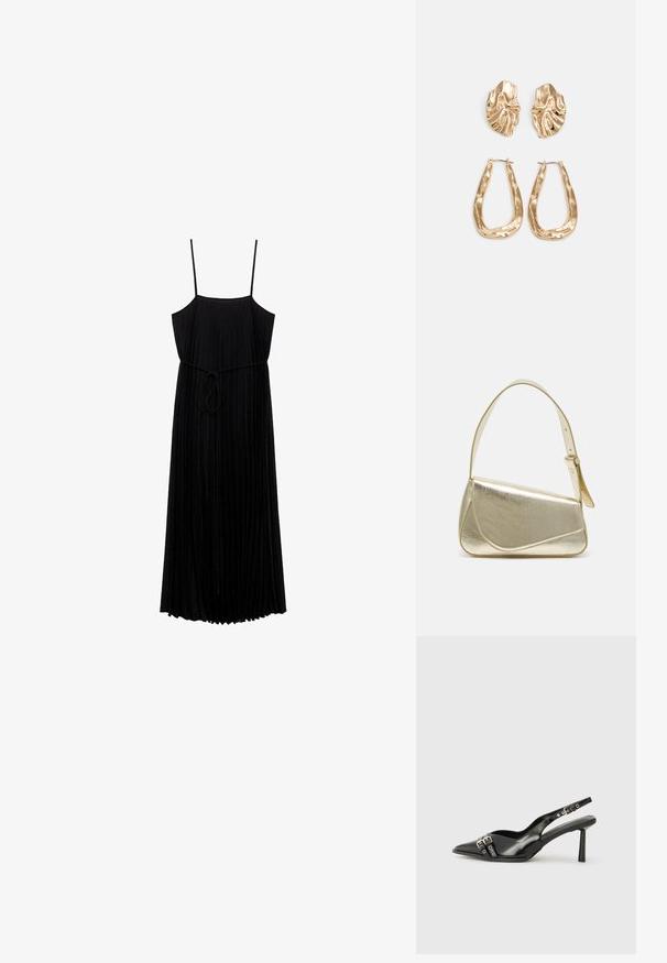 Čierne maxi šaty s plisovaním, tenkými ramienkami a úzkym opaskom.; Čierne lakované kožené slingback topánky s špicatou špičkou, remienkami okolo členku s striebornými prackami a hardvérom, a štíhlým podpätkom.; Zlatá metalická kabelka so štruktúrovaným dizajnom, hladkou textúrou a nastaviteľným popruhom. Obsahuje jedinečný trojuholníkový tvar a minimalistické šitie.; Náušnice v zlatej farbe s textúrovanými, vlnitými tvarmi. Obsahujú sochárske klipsové náušnice a otvorený tvar krúžku s kladivkovým povrchom.