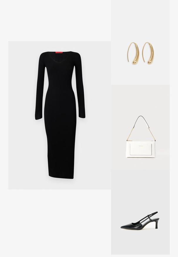 Robe noire à manches longues côtelée avec un décolleté en V, un corsage ajusté et un ourlet droit, fabriquée en tissu extensible pour une silhouette moulante.; Escarpin slingback en vernis noir avec un bout pointu, présentant un imprimé serpent texturé, une sangle réglable et un petit talon bloc texturé.; Sac à main en cuir blanc avec un fini texturé, doté d'une bandoulière en chaîne dorée et d'accents noirs. Comprend une poche avant et une fermeture éclair.; Boucles d'oreilles en métal doré en forme d'anneau, avec une forme courbée et allongée. Elles présentent une surface lisse et brillante avec une pointe arrondie pour un détail supplémentaire.