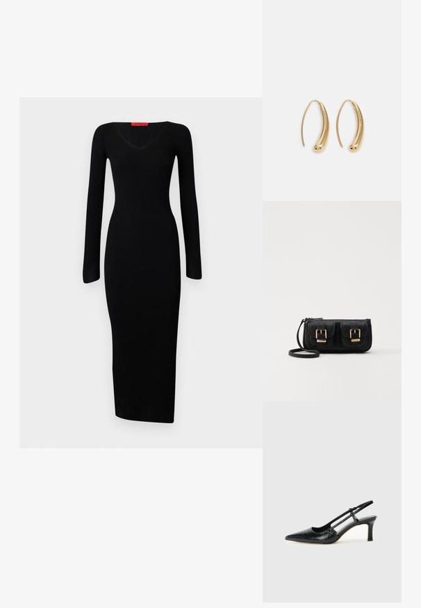 Schwarzes, geripptes Langarmkleid mit V-Ausschnitt, tailliertem Oberteil und geradem Saum, aus dehnbarem Stoff gefertigt für eine figurbetonte Silhouette.; Schwarze Lack-Slingback-Pumps mit spitzem Zehenbereich, versehen mit strukturiertem Schlangenprint, verstellbarem Riemen und einem kurzen, strukturierten Blockabsatz.; Schwarze Leder-Umhängetasche mit zwei vorderen Taschen, goldenen Schnallen, Reißverschluss und einem schmalen Tragegurt. Texturierte Oberfläche und kompakte rechteckige Form.; Goldfarbene Metall-Hoops mit einer geschwungenen, länglichen Form. Sie verfügen über eine glatte, glänzende Oberfläche und eine abgerundete Spitze für zusätzliche Details.