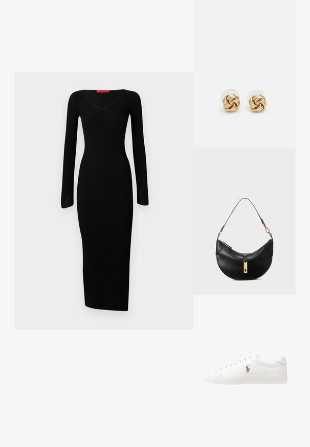 Czarna, prążkowana sukienka z długim rękawem, dekoltem w kształcie litery V, dopasowaną górą i prostym wykończeniem, wykonana z elastycznego materiału, który podkreśla sylwetkę.; Białe skórzane sneakersy, niskoprofilowy design, charakteryzujące się gładką fakturą, okrągłym noskiem, sznurowanym przodem i małym haftowanym logo z boku.; Czarna skórzana torebka w kształcie półksiężyca. Ma złote akcenty i wąski pasek. Gładka tekstura, zamek błyskawiczny na górze.; Złote kolczyki w kształcie węzła z twisted design. Każdy kolczyk posiada okrągłe, przezroczyste oparcie zapewniające pewność noszenia.