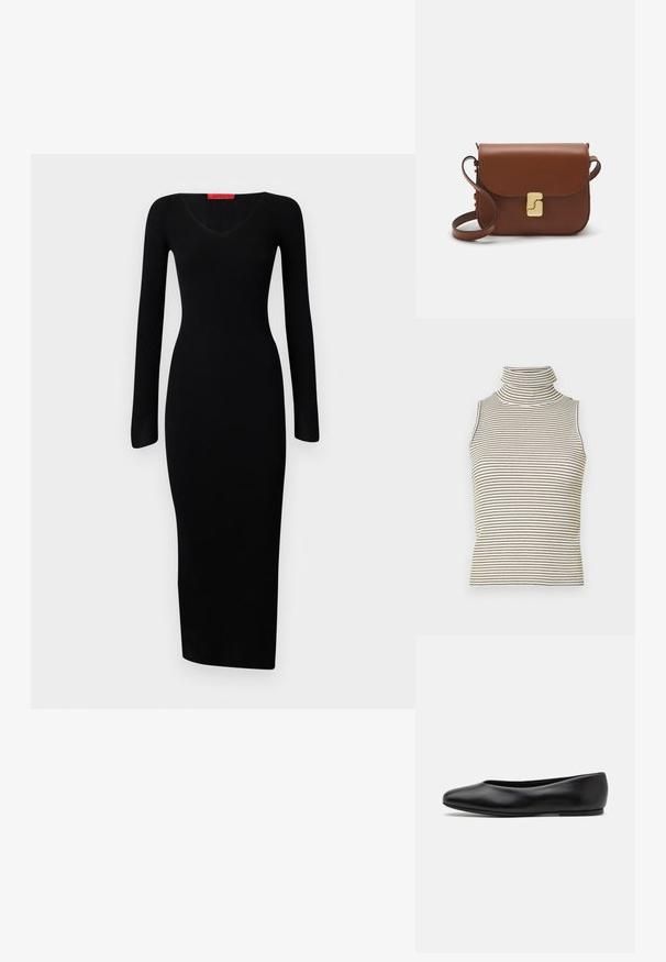 Czarna, prążkowana sukienka z długim rękawem, dekoltem w kształcie litery V, dopasowaną górą i prostym wykończeniem, wykonana z elastycznego materiału, który podkreśla sylwetkę.; Bez rękawów top w golf z pionowymi czarno-białymi paskami, wykonany z teksturowanej dzianiny, z wysokim, dopasowanym kołnierzem.; Paul Smith TOPANGA czarny; Brązowa skórzana torebka na ramię z klapką, złotymi detalami, paskiem na ramię i gładką teksturą. Kompaktowy prostokątny kształt.