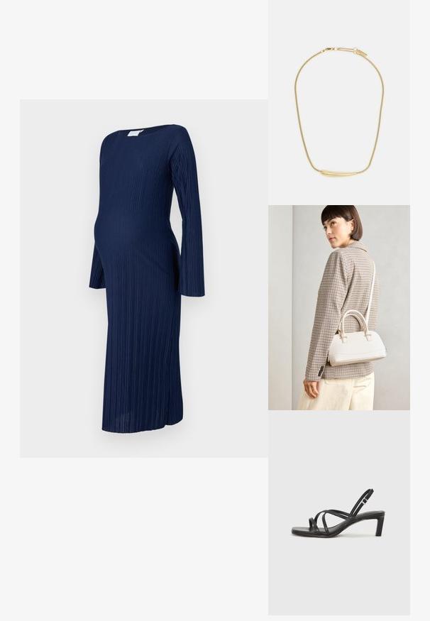 Jūras spēku stila ribota grūtnieču kleita, līdz ceļiem, ar garām piedurknēm, apaļu kakla izgriezumu, ar vertikālām krokām un pieguļošu siluetu komfortam.; Melnas strappy sandales ar kvadrātveida purngaliem un zemu bloku papēdi. Ievērojamas ar vairākiem plāniem siksniņām un regulējamu potītes siksniņu. Izgatavotas no gludas ādas.; Balta strukturēta roku soma ar īsām rokturiem un plecu siksnu, ar zelta aparatūras akcentiem un strukturētu materiālu, izstādīta uz pelēka fona.; Zelta apšuvuma kaklarota ar gludu, izliekta centrālo akcentu. Iekļauj elastīgu ķēdi ar homaru slēdzeni un papildu regulējamām ķēdes saitēm.