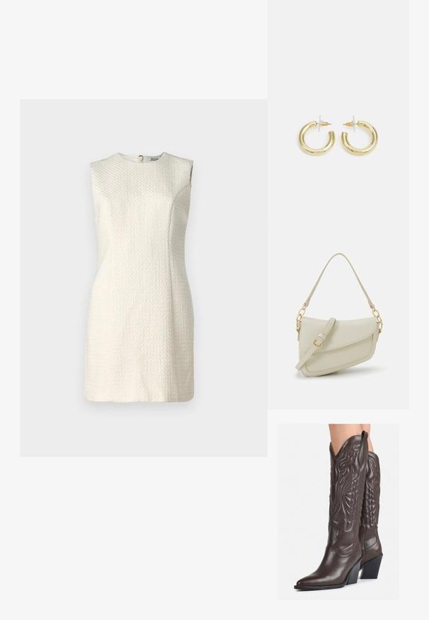 Krémové bezrukávové šaty s textúrovanou látkou a vysokým výstrihom. Obsahujú skrytý zips na zadnej strane a priliehavý strih.; Hnedé kožené kovbojské topánky s špicatou špičkou a blokovým podrážkou, so zložitým prešívaním a vyvýšenými akcentmi na puzdre.; Malá krémová kabelka s textúrovaným povrchom, dlhým nastaviteľným popruhom, reťazovým detailom a klopovým uzáverom. Zlaté kovové prvky.; Zlaté kruhové náušnice s hladkým, lesklým povrchom. Cirkulárny dizajn s malým steblom a jasným záznamom pre bezpečné nosenie.