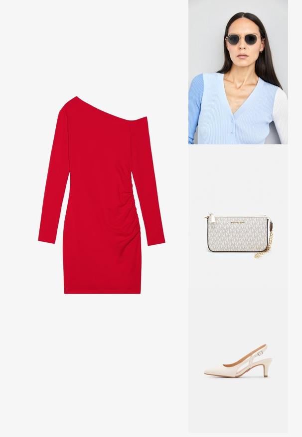 Punainen pitkähihaista mekko, jossa on epäsymmetrinen kaula-aukko, kerätty rakenne yhdellä puolella ja tiukka siluetti. Valmistettu joustavasta kankaasta.; Valkoinen slingback-korkokenkä, jossa on terävä kärki, sileä päällismateriaali, matala lohkokorko ja sivuaukko-design säädettävällä soljella.; Pyöreät aurinkolasit, joissa on tummat linssit ja kultaiset kehykset. Mallilla on päällään vaaleansininen, ribatusta materiaalista valmistettu neuletakki, jossa on napit ja kontrastiväriset valkoiset hihat.; Michael Kors kääröbeige pinnoitettua kangasta, jossa on toistuva MK-logo -kuvio, kultaiset yksityiskohdat ja irrotettava ketjuhihna.