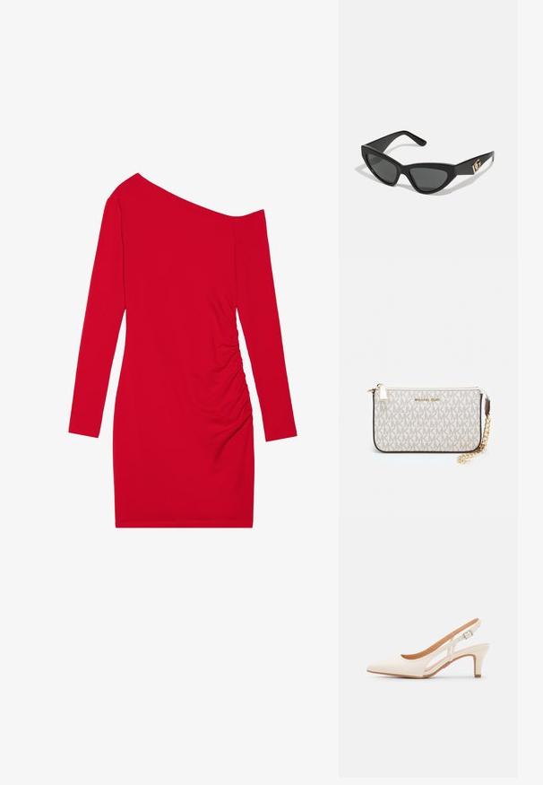 Rotes Langarmkleid mit asymmetrischem Ausschnitt, gerafftem Textur auf einer Seite und körperbetonter Silhouette. Hergestellt aus dehnbarem Stoff.; Weiße Slingback-Absätze mit spitzer Zehenpartie, glattem Obermaterial, niedrigem Blockabsatz und seitlichem Ausschnitt-Design mit verstellbarem Schnallenriemen.; Cat-Eye-Sonnenbrille mit mattem schwarzen Kunststoffrahmen, dunklen Gläsern und einem goldenen Logoplatz auf dem Bügel. Winkeliges Design und glatte Oberfläche.; Michael Kors Clutch in beige beschichtetem Canvas mit einem wiederholten MK-Logo-Muster, goldfarbener hardware und einem abnehmbaren Kettenriemen.