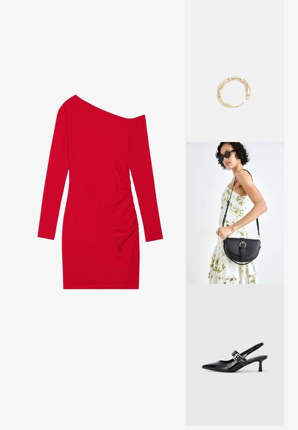 Rdeča obleka z dolgimi rokavi in asimetričnim ovratnikom, nabranim teksturo na eni strani in oprijetim modrom. Narejena iz elastičnega materiala.; Črne patent usnjene slingback pete s koničastim nosom in majhnim blok peto, ki vključujejo srebrno zaponko na traku.; Črna usnjena torbica s ukrivljeno obliko, z odstranljivo naramnico in zlatimi dodatki. Torbica ima pokrov s podrobnostmi v obliki zaponke.; Zlati prstan s organskim, zvitim dizajnom, gladko površino in taperiranimi konci, ki ustvarja modernega, skulpturalnega videza.
