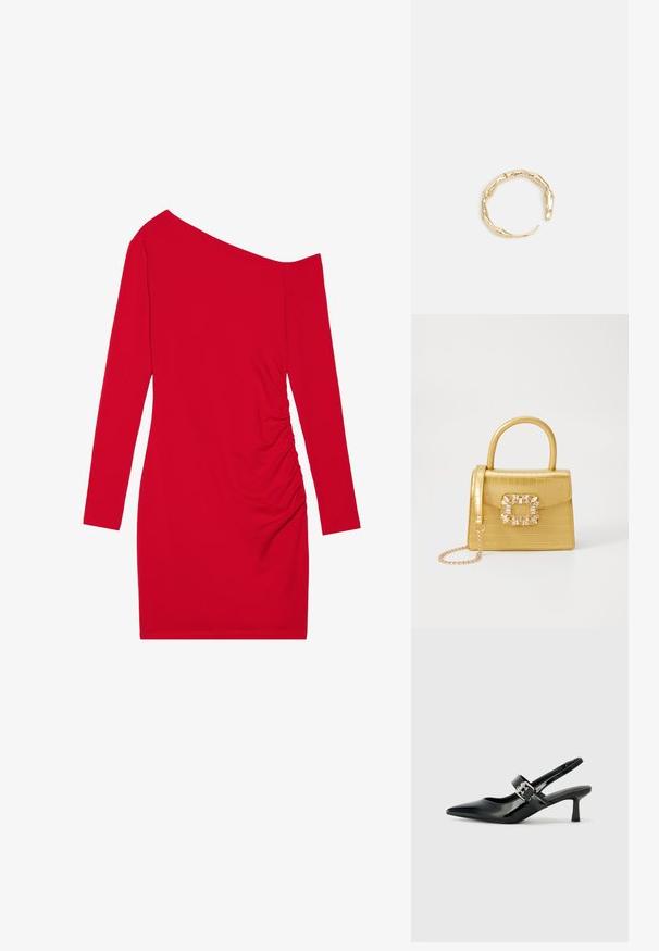 Rotes Langarmkleid mit asymmetrischem Ausschnitt, gerafftem Textur auf einer Seite und körperbetonter Silhouette. Hergestellt aus dehnbarem Stoff.; Schwarze Lackleder Slingback-Absätze mit spitzem Zeh und kleinem Blockabsatz, ausgestattet mit einem silbernen Schnallenakzent am Riemen.; Gelbe Kunstleder-Handtasche im Krokodil-Look mit strukturiertem Design, Obergriff, abnehmbarem Kettenriemen und dekorativer Kristallverzierung am Verschluss.; Goldfarbener Ring mit einem organischen, gedrehten Design, glatter Oberfläche und sich verjüngenden Enden, was ein modernes, skulpturales Erscheinungsbild erzeugt.