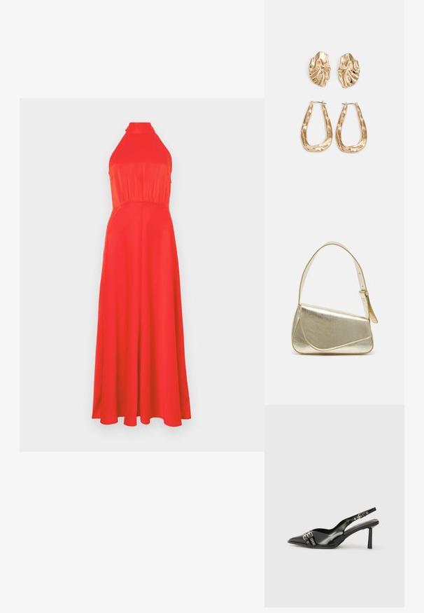 Vestido vermelho com alças à halter, com corpete justo e saia fluida. Tecido suave com um leve brilho, apresentando uma cintura ajustada e um design até aos tornozelos.; Sapato slingback preto em pele patentada com bico apontado, tiras no tornozelo apresentando fivelas e acessórios prateados, e um salto elegante.; Bolsa de mão metálica dourada com um design estruturado, textura suave e alça ajustável. Apresenta uma forma triangular única e costura minimalista.; Brincos em tom de ouro com formas onduladas e texturizadas. Inclui studs escultóricos com presilha e um design de argola aberta com um acabamento martelado.
