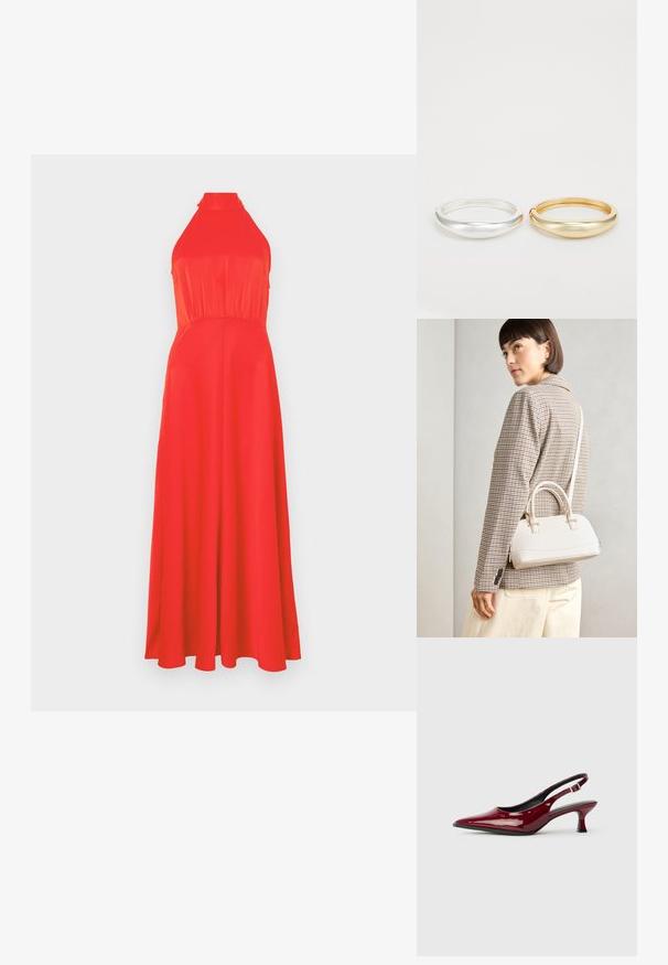 Rød halterneck-kjole med en tætsiddende overdel og flydende skørt. Glat stof med en let glans, der har en indsnævret talje og ankel-længde design.; Burgunderfargede lakket skinn slingback hæler med spiss tå og en elegant stilettohælhøyde. Åpen bakdesign med justerbar ankelrem.; Hvit strukturert håndveske med korte håndtak og skulderreim, med detaljer i gullfinish og teksturert materiale, vist mot en grå bakgrunn.; Zign 2 PACK - Armbånd - gold-coloured/silver-coloured