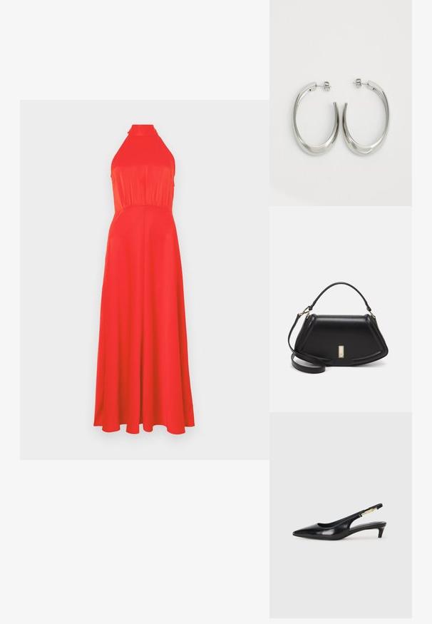 Czerwona sukienka na ramiączkach z dopasowanym gorsetem i zwiewnym dołem. Gładki materiał z delikatnym połyskiem, z podkreśloną talią i długością do kostek.; Czarne skórzane szpilki typu slingback z ostrym noskiem, posiadające smukły obcas i złoty akcent na regulowanym pasku. Gładka tekstura.; Czarna skórzana torebka o strukturalnym designie, z przyciętą formą, górnym uchwytem i złotymi akcentami. W zestawie regulowany pasek na ramię.; Srebrne kolczyki-hoop o gładkim, zakrzywionym designie. Posiadają błyszczące metaliczne wykończenie i zapięcie na sztyft. Brak widocznych wzorów lub akcentów.