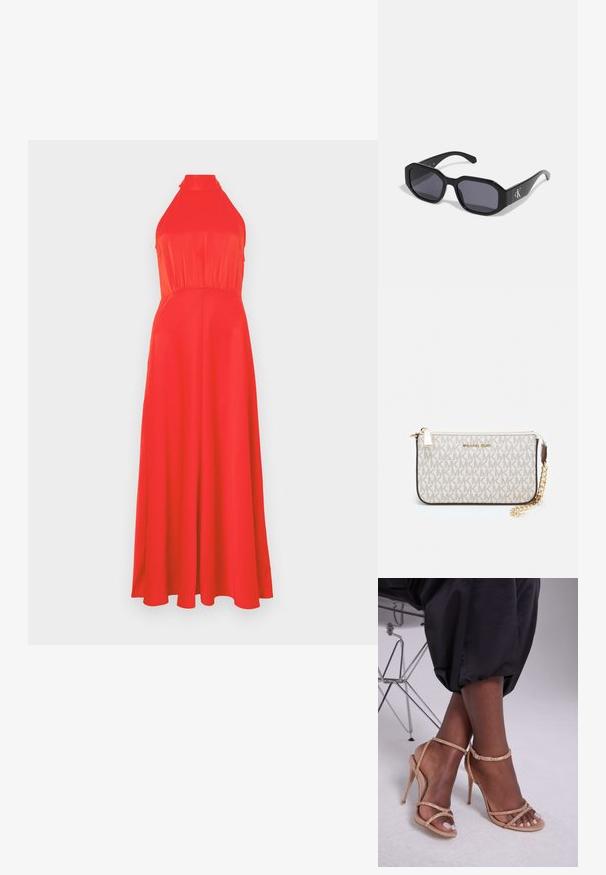 Rochie roșie cu guler halter, cu un bust mulat și fustă fluidă. Țesătură netedă cu o ușoară strălucire, având o talie strânsă și un design lung până la glezne.; Sandale cu toc bej, decorate cu cristale, având vârf deschis, bretele subțiri și un siluetă elegantă.; Ochelari de soare negri cu un cadru octagonal, lentile întunecate, material plastic lucios și un accent cu logo argintiu pe o parte.; Clutch Michael Kors din canva acoperit bej, cu un model repetitiv al logo-ului MK, accesorii din aur și o curea cu lanț detașabil.; Cercei metalici aurii cu un design ondulat; suprafață netedă și reflectorizantă; formă asimetrică; fără modele sau accesorii vizibile.