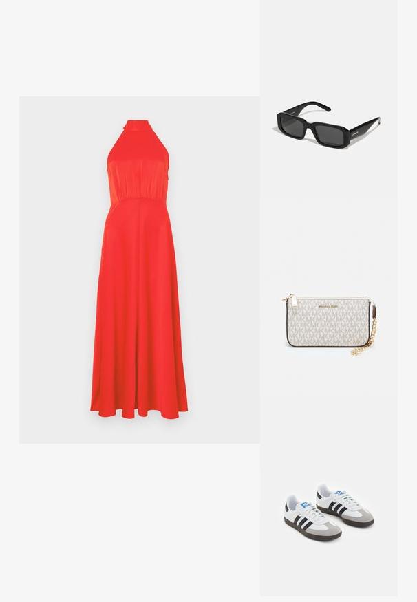 Červené šaty na krk s přiléhavým korzetem a splývavou sukní. Hladký materiál s mírným leskem, s vypasovaným pasem a dlouhou délkou po kotníky.; Sportovní boty s bílým koženým svrškem, šedou semišovou špičkou a třemi černými pruhy. Obsahují modré logo na jazyku a texturovanou gumovou podrážku.; Arnette THEKIDD UNISEX - Sluneční brýle - black; Kabelka na zápěstí Michael Kors v béžové potažené plátno s opakujícím se vzorem loga MK, zlatými kovovými doplňky a odnímatelným řetízkovým popruhem.