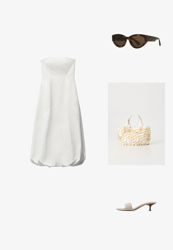 Biely bezramienkový šaty s priliehavým živôtikom a objemnou, nariasenou sukňou. Hladká textúra bez viditeľných vzorov. Jednoduchý a minimalistický dizajn.; Sandal bez päty s béžovým tkaným vrchom, otvorenou špičkou a zakrivenou drevenou strednou podrážkou. Dizajn sa vyznačuje hladkou textúrou a minimalistickým tvarom.; Mačacie slnečné okuliare v štýle tortoiseshell s hnedými šošovkami, s hladkými, lesklými plastovými rámami a elegantným dizajnom. Žiadne viditeľné logá ani akcenty.; Biela kabelka s textúrovanými, vlnitými ozdobami pripomínajúcimi mušle. Obsahuje tkanú rukoväť a strieborný reťazový popruh pre všestrannosť.